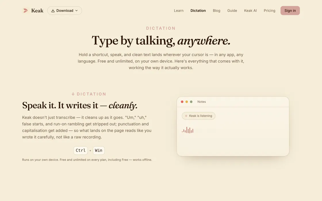 Keak's dictation page on a laptop: type by talking, anywhere