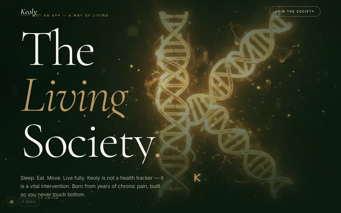 Keoly's website on a laptop: The Living Society